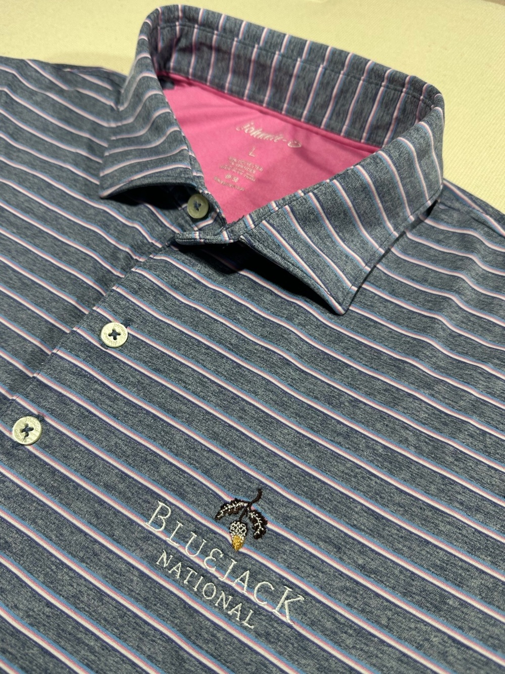 Johnnie-O Blue/Gray Striped Men’s Golf Polo x Bluejack National